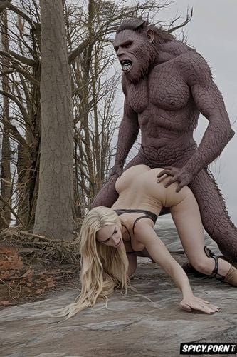 male sasquatch deep humping woman from behind, one on one, intent on effective copulation