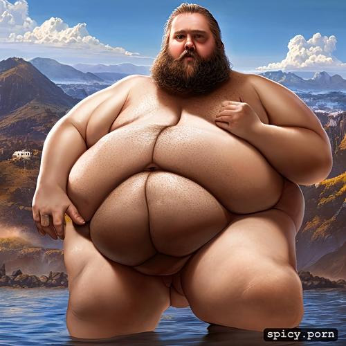 skin head, cute round face with beard, show large testicle, whole body