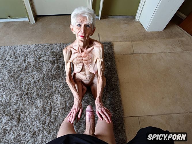 saggy, indoors, pale, on her knees, wrinkled, looking up at camera