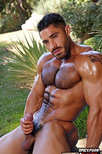 big bush, dark areolas, oiled up shine of muscles, one athletic guy