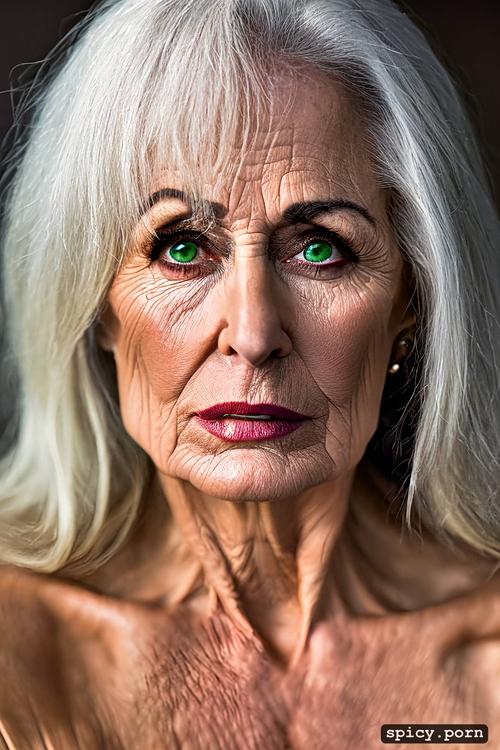 70 years old, natural tits, elegant, green eyes, white hair