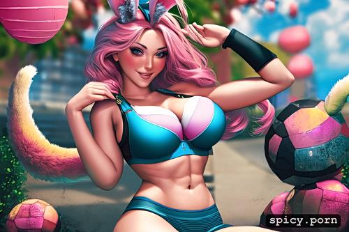 slim waist, spandex, breasts spilling out of bra, pink hair