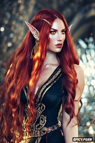 fantasy high elf queen portrait pale red skin long dark red hair in waves dark golden eyes muscles abs flowing royal elven robes diadem milf full pouty lips beautiful face masterpiece