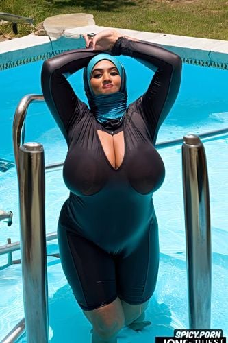 hijab, looking happy, arab milf, bbw with huge tits, wet spandex suit