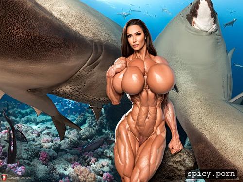 pain, crush chain, nude muscle woman vs shark, frekles, photorealistic