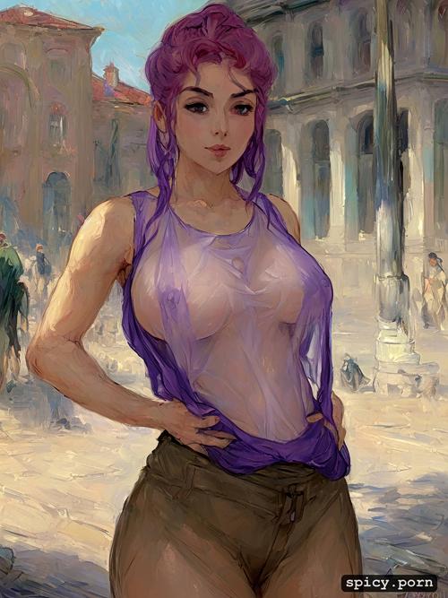 see through tanktop with underboob, full body, pink hair, detailed
