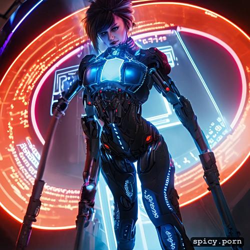 highly detailed, wearpon, busty, vibrant, blue light and black colors