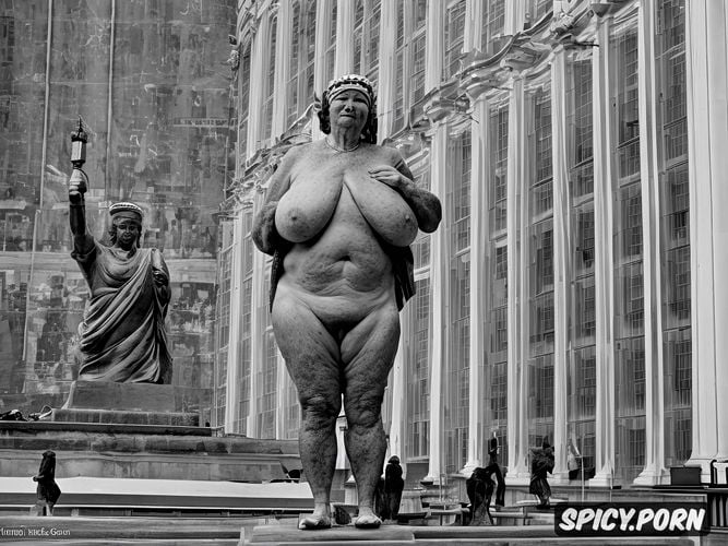 big breasts naked to the viewer, 90 year old fat old woman dressed as the statue of liberty seen in full body showing her well detailed obese body