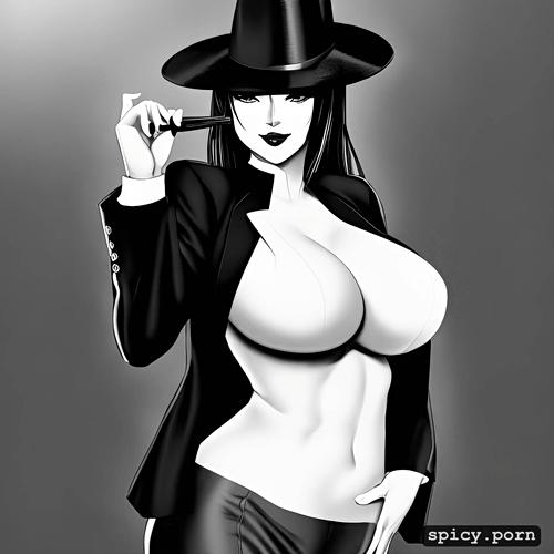 gangster style, hitwoman, boss, revolver, pistol, standing, wearing pinstripe hat