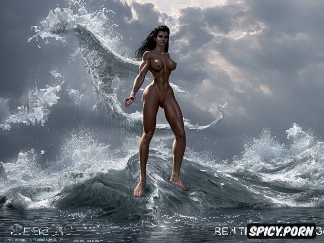 superdetailled very tall shemale witch nude naked, walking on water surface oiled body