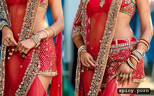 sexy indian bride with short dark hair, and bangs standing in public stage where every man start throwing cum on the bride face
