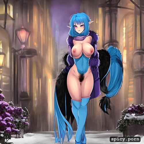 high boots, detailed, blue hair, 3dt, highres, very hairy pussy
