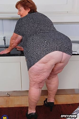 best quality, intricate, huge massive saggy ass, squatting, old slut face turned sideways white