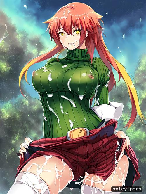 solo, anime woman, cum dripping everywhere, red sweater short light green hair