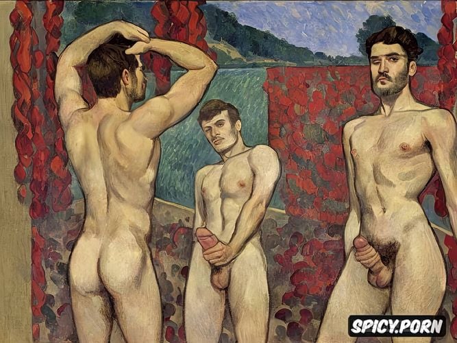 modern post impressionist fauves erotic art, steam, white fit gay men with athletic bodies