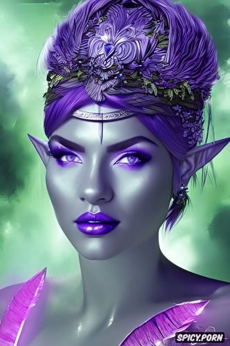 tits out, amazonian elf warrior fantasy beautiful face short purple hair purple skin topless