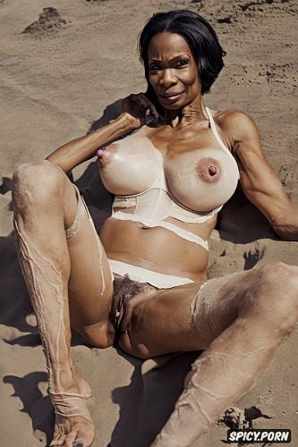 squatting in a desert, flashing her open hairy black pussy, full frontal image