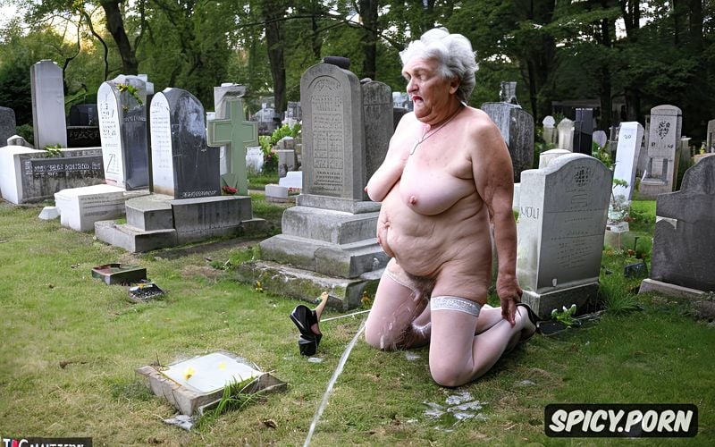 very fat granny, ultra detailed pissing 90 year old granny on the grave