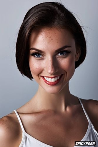 chubby cheeks, white woman, fit, fit to frame, smiling, long arms