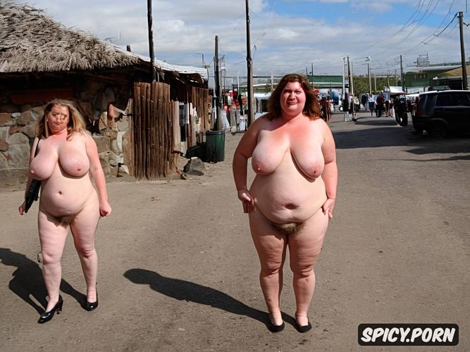 worlds largest most saggy breasts, standing straight in east european village streets with people in backround