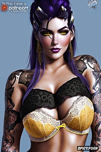 tattoos masterpiece, ultra detailed, widowmaker overwatch beautiful face young sexy low cut soft yellow lace lingerie