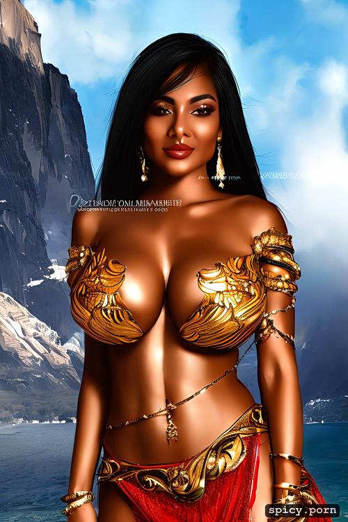 half saree, black hair, wide curvy hip, gorgeous face, indian lady