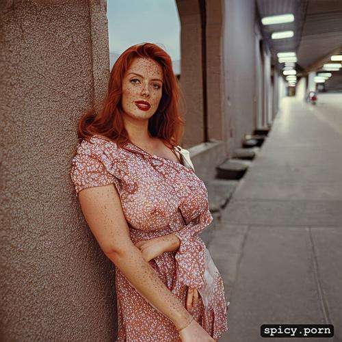 redheaded woman and freckles walking next to a strip mall, hyperrealistic1 4