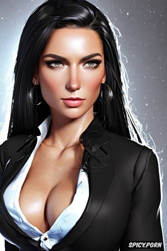 ultra detailed portrait, ultra realistic, kate lockwell starcraft pale skin long soft wavy black hair black blazer white shirt shirt unbuttoned beautiful face milf