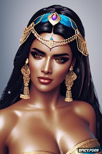 rich dark arab skin, aladin, high cheekbones, medium round perky natural breasts