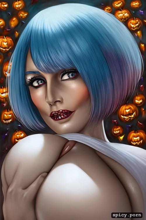halloween, blue hair, seductive, forest, intricate, oiled body