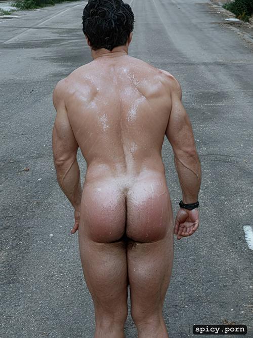 muscular ass, solo, big bubble butt man, under his ass view