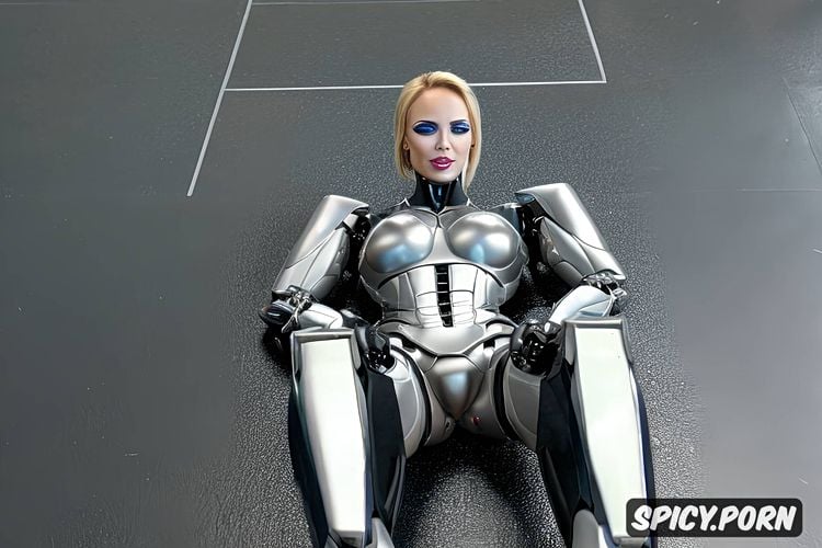 full body view, metallic body, sexbot, huge tits, sexy blonde robot