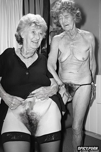 male gropes saggy flat droopy tits of two grannies, long grey hair