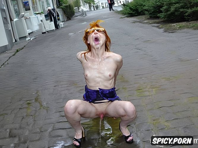 she vomits and shits a huge amount of very yellow piss, terrified very short thin incredibly petite young teen very small body and very small breasts redhead with missing teeth