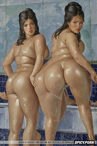 women in humid bathroom with tiled walls, black asian, ass grab