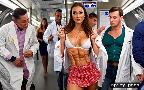 bulging pecs, 18 years old female doctor, bulging muscles, no bra