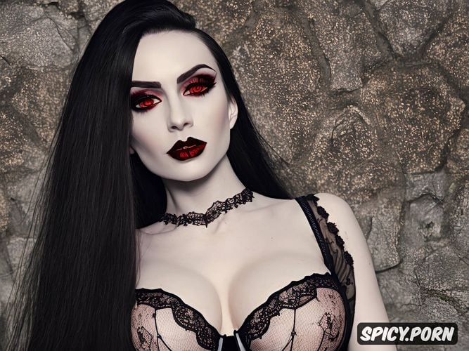 thin black lace underwear, pale white skin, hair colors are black and red