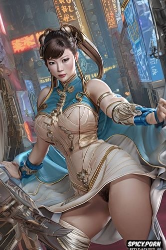 chun li streetfighter, hairy vagina, very small breasts, showing upskirt