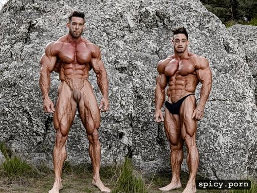 powerful shoulders, with a broad chest, adam s body has been enhanced to have a highly muscular physique with elevated testosterone levels he stands on a rocky outcrop in a natural park