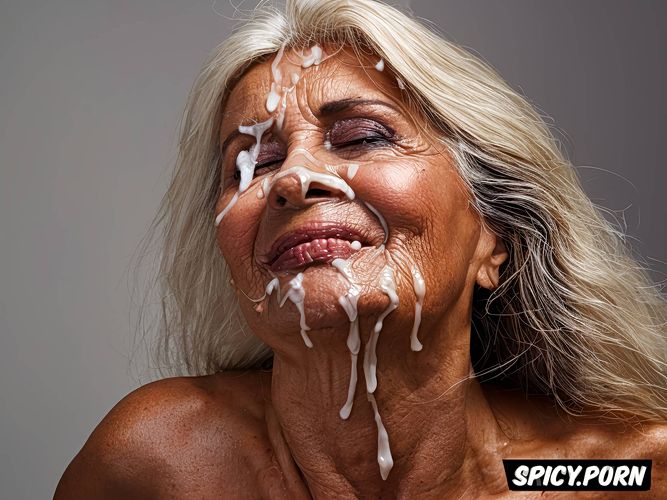 gigantic tits, facial, old skin, wrinkles, soaked in cum, super tanned