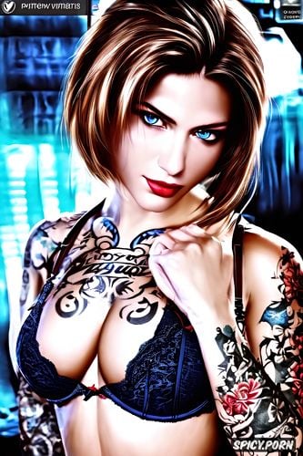 tattoos masterpiece, k shot on canon dslr, ultra detailed, jill valentine resident evil beautiful face young erotic dark blue lingerie