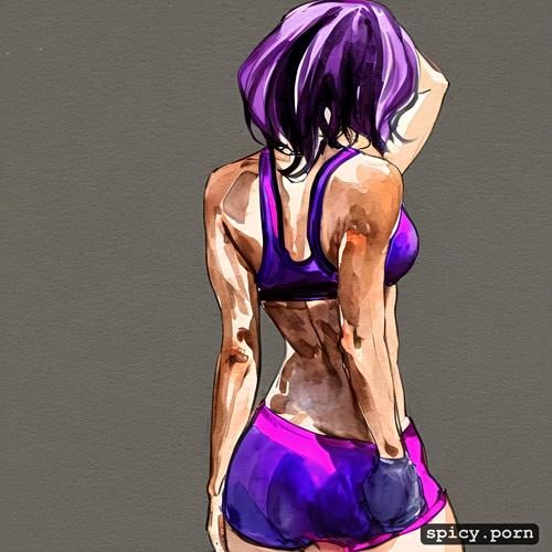 purple hair, sport shorts, fit, gym