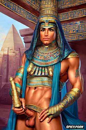 mummified egyptian god min, large erected penis, egyptian temple setting