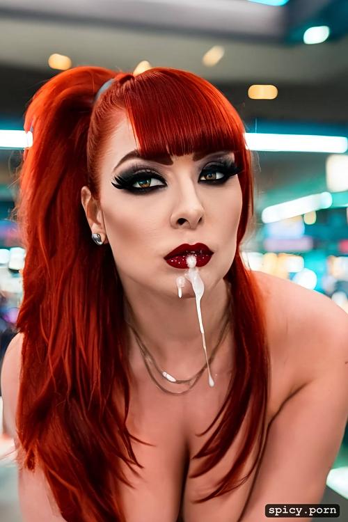 cum dumo drool dripping from mouth and chin, bright dyed red hair in high ponytail