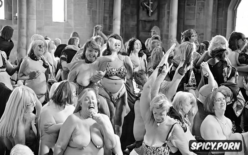 church choir, stained glass windows, grannies, bondage, looking in camera