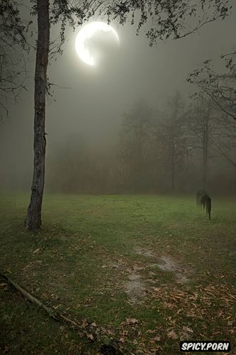 haunted clearing at night, scary glowing grim reaper, haunting human skeleton