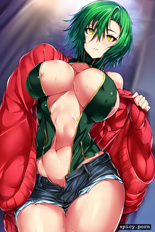 white skin, tall body, human, jeans shorts, red sweater short light green hair