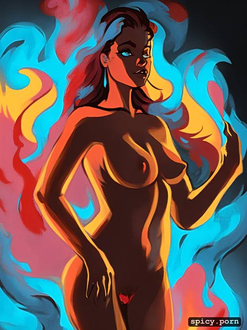 volumetric lighting, vibrant colorism, nude, busty, fiery woman with fire smoke around her
