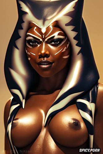 high resolution head shot, ultra detailed, ahsoka tano star wars ahsoka beautiful face slutty black jedi robes small perky natural breasts