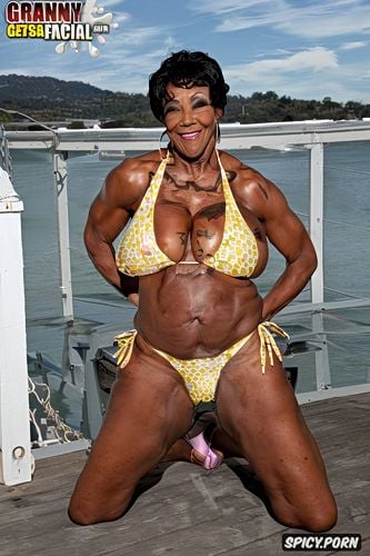 model face, ebony granny, sexy fit granny gilf, in bikini with bikini top down lascivious look on face